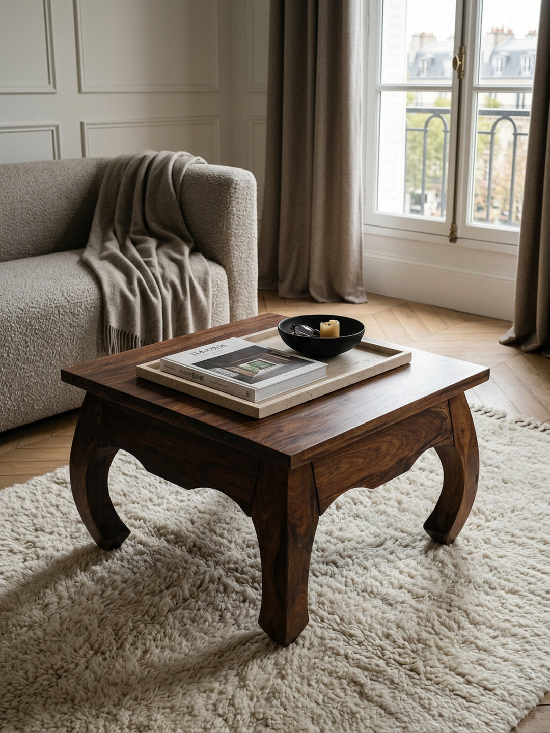 Sheesham Couchtisch Kanada im Landhausstil_ 60x60 cm_ handgefertigt_ elegante Opium-Form_ pflegeleicht und robust - KADIMA DESIGN_Größe_ 60x60x40 cm_