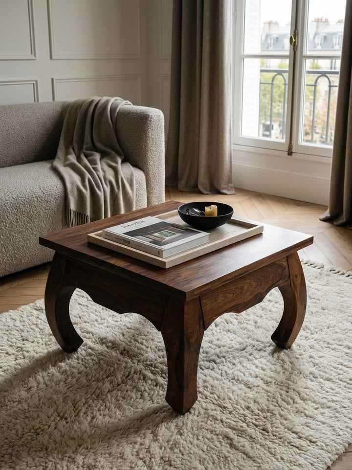 Sheesham Couchtisch Kanada im Landhausstil_ 60x60 cm_ handgefertigt_ elegante Opium-Form_ pflegeleicht und robust - KADIMA DESIGN_Größe_ 60x60x40 cm_