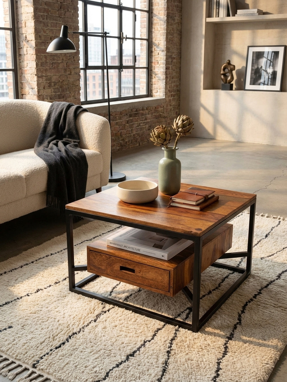 Quadratischer Wohnzimmertisch 60x60 cm von oben, der die Holzmaserung des Sheesham und die Ablagefläche mit Magazinen im Wohnbereich zeigt._