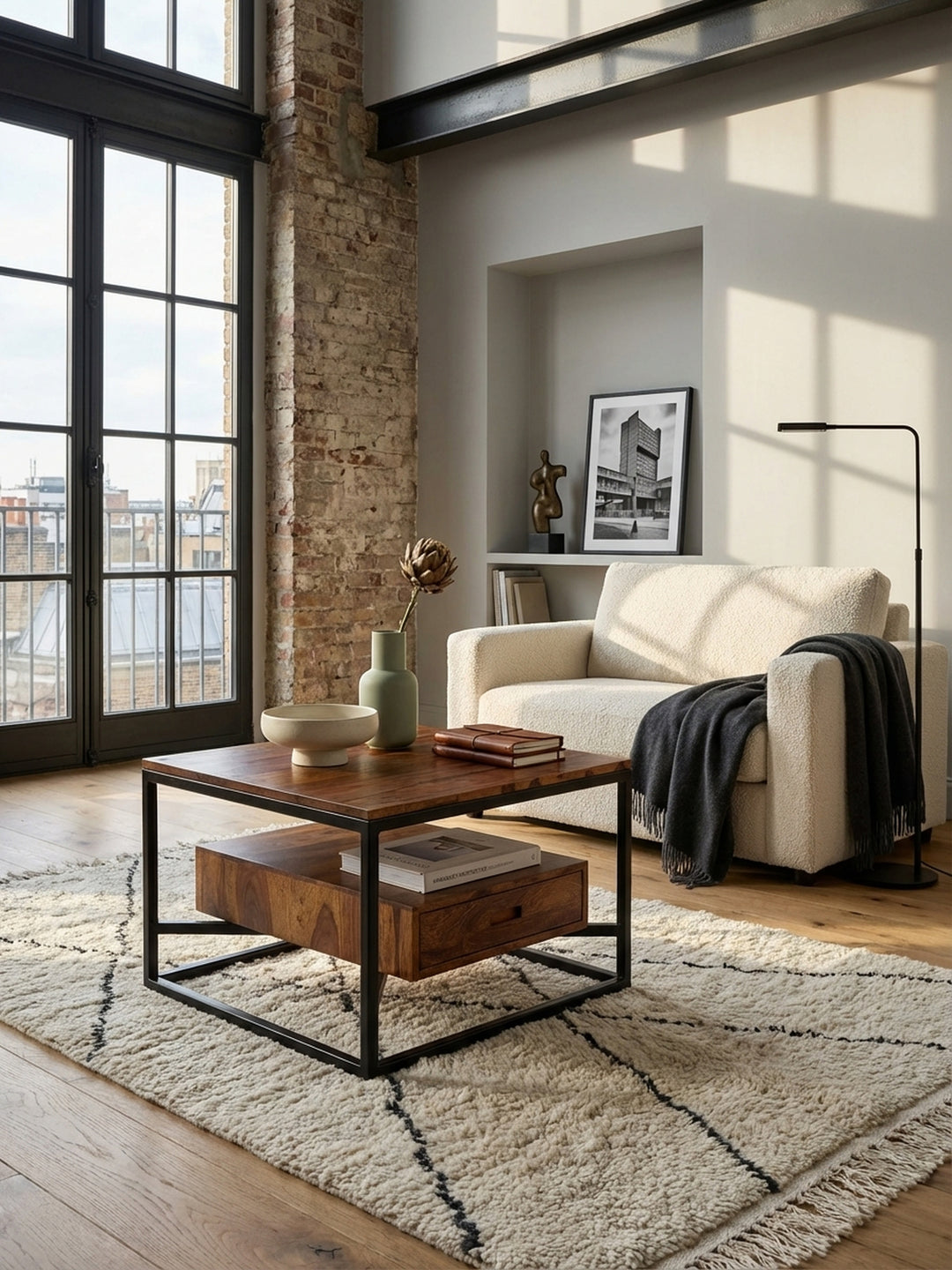 Eleganter Couchtisch aus Sheesham Massivholz in einem modernen Wohnzimmer, stilvoll dekoriert mit Vase und Büchern auf einem beigen Teppich vor einer hellen Couch._