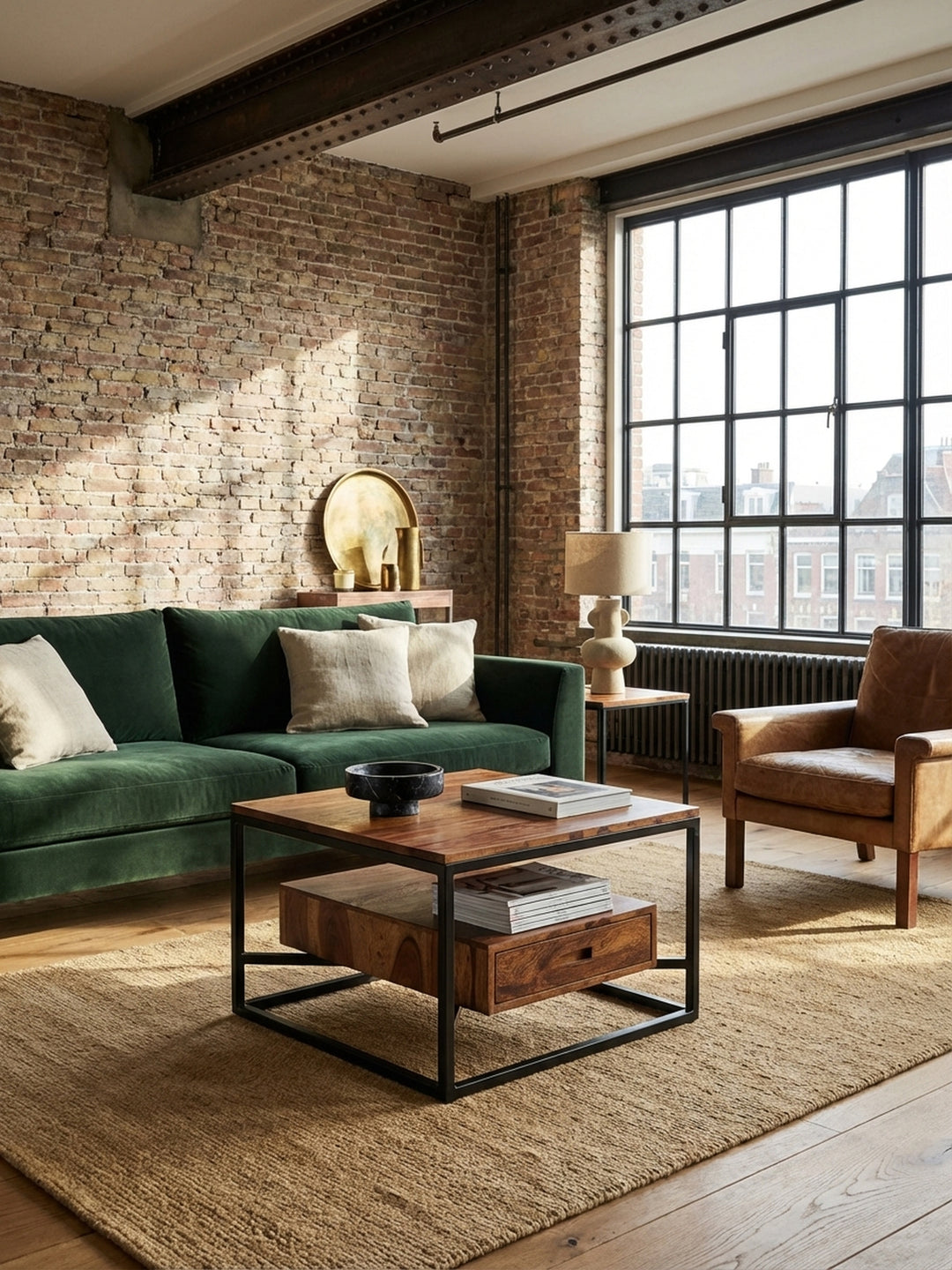 Detailaufnahme der lebhaften Maserung des Sheesham Massivholzes des Couchtisches, geschützt durch Klarlack, mit dem schwarzen Metallgestell im Kontrast._