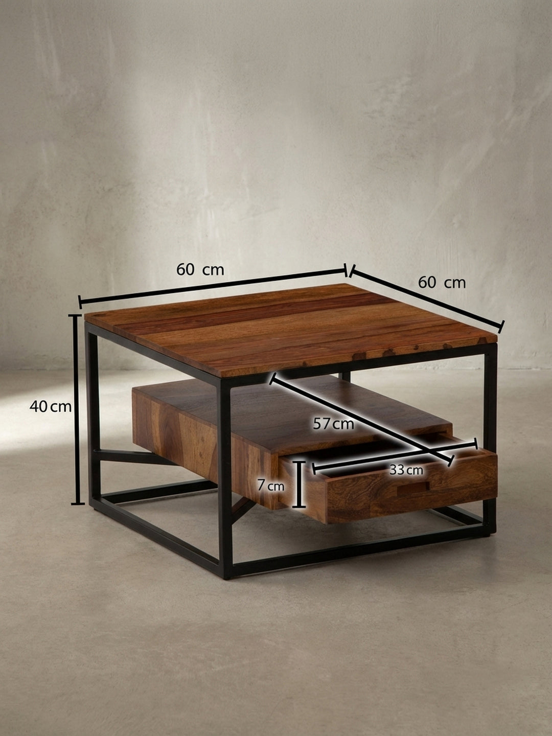 Technische Zeichnung des Couchtisches mit exakten Maßen: Breite 60 cm, Tiefe 60 cm, Höhe 40 cm, inklusive Innenmaße der Schublade._