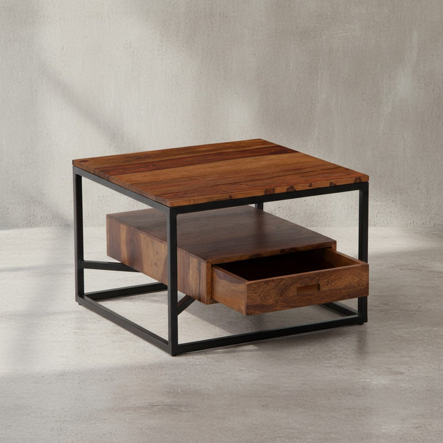 Moderner Sofatisch mit Schublade_ Quadratisches Design_ Couchtisch Sheesham Massivholz/Metall_ 60x60x40 cm - KADIMA DESIGN_Größe_ 60x60x40 cm_