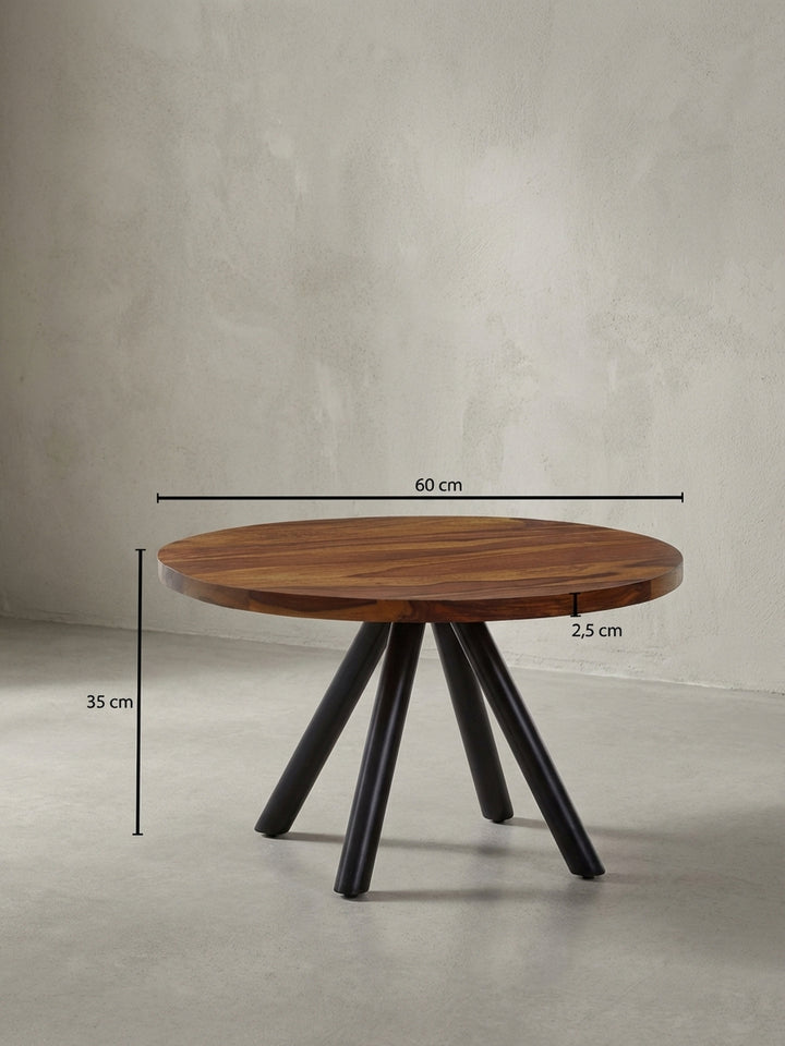 Technische Zeichnung des runden Wohnzimmertisches mit exakten Maßen: Breite 60 cm, Höhe 35 cm und Plattenstärke von 2,5 cm._
