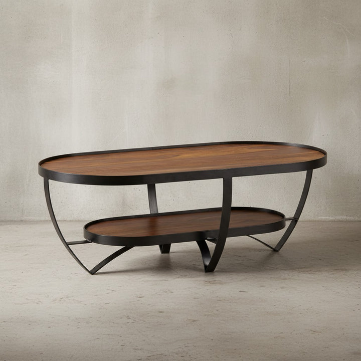 Couchtisch Massivholz Metall Oval mit Stauraum 100x50x37-5 cm - Moderner Wohnzimmertisch_