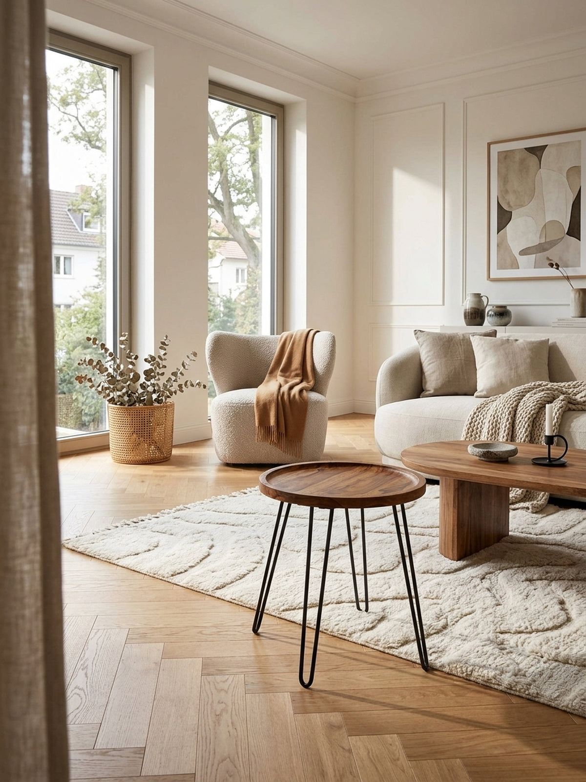 Runder Couchtisch aus massivem Sheeshamholz mit schwarzen Hairpin-Beinen im stilvollen Wohnzimmer. Warme Holztöne auf hellem Wollteppich für ein modernes, organisches Raumgefühl.