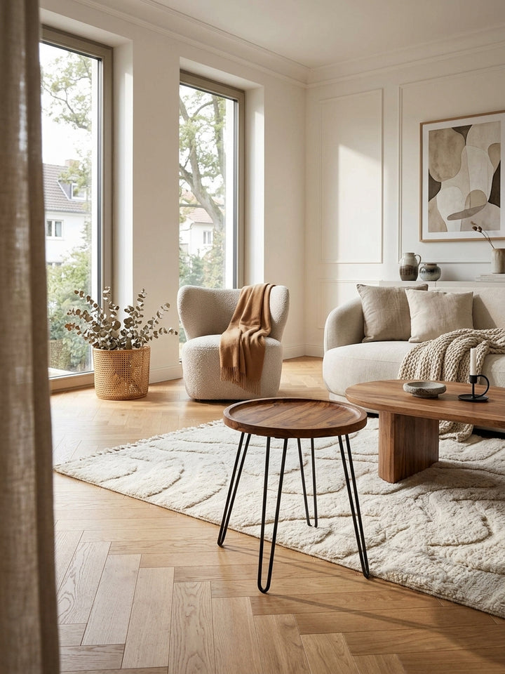 Runder Couchtisch aus massivem Sheeshamholz mit schwarzen Hairpin-Beinen im stilvollen Wohnzimmer. Warme Holztöne auf hellem Wollteppich für ein modernes, organisches Raumgefühl._
