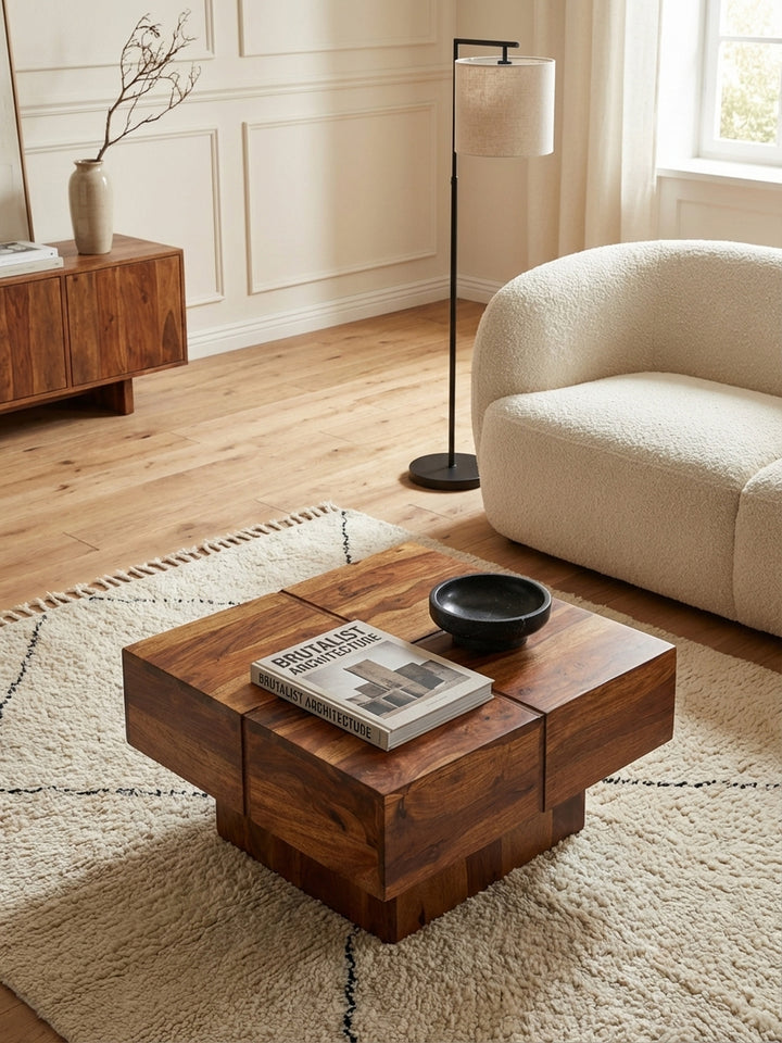 Quadratischer Sofatisch aus Sheesham Holz von oben betrachtet, zeigt die geometrische Tischplatte und die perfekte Integration in eine moderne Sitzgruppe im Wohnzimmer._