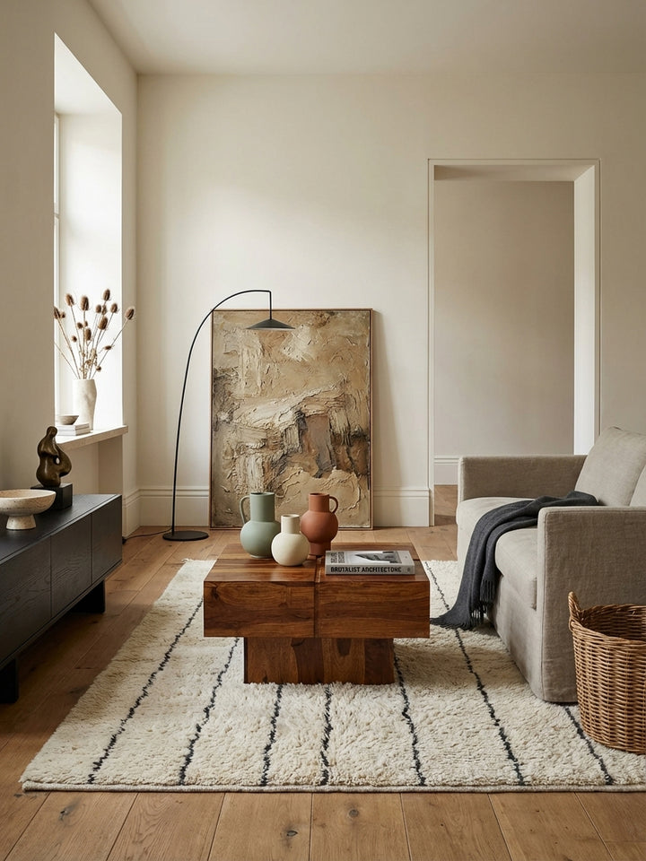 Moderner Couchtisch aus massivem Sheesham Holz im Zentrum eines stilvollen Wohnzimmers, harmoniert perfekt mit einem gemütlichen Sofa und einem weichen Teppich._