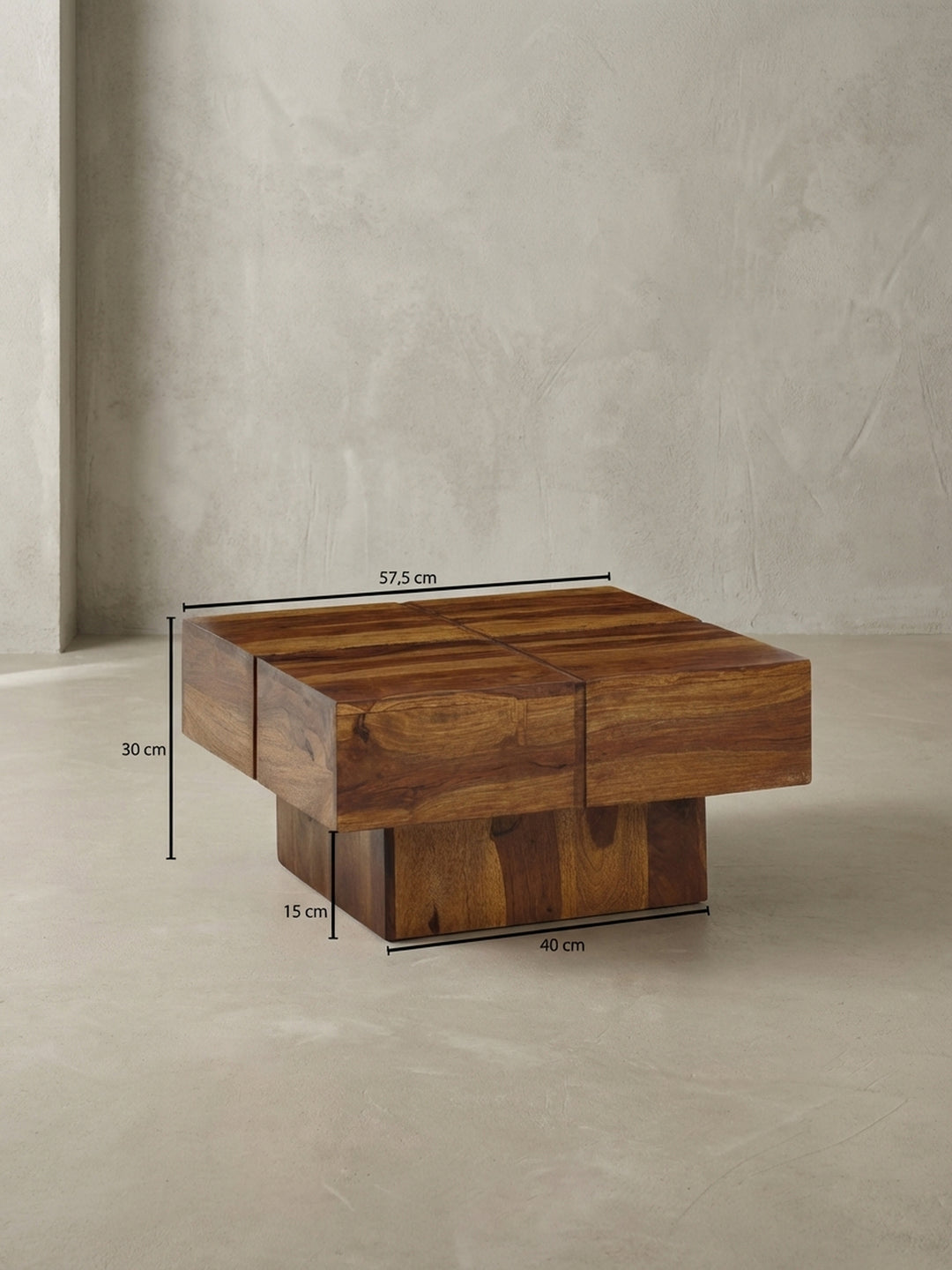 Technisches Bild des Couchtisches mit exakten Maßen: Breite 57,5 cm, Tiefe 57,5 cm und Höhe 30 cm, ideal zur Raumplanung im Wohnzimmer._