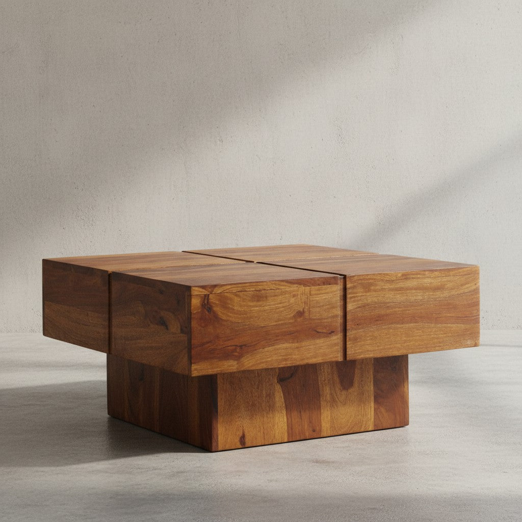Couchtisch Sheesham Massivholz Quadrat_ Modernes Rillenmuster_ 57_5x57_5x30 cm - KADIMA DESIGN_Größe_ 58x58x30 cm_