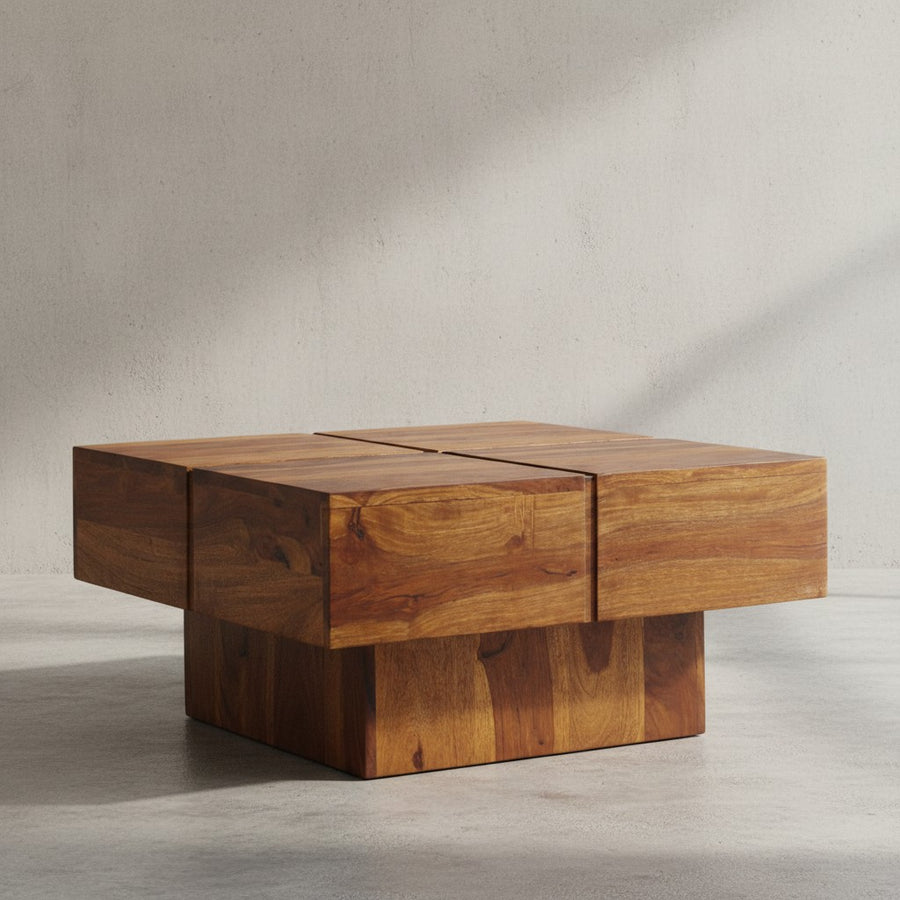 Couchtisch Sheesham Massivholz Quadrat_ Modernes Rillenmuster_ 57_5x57_5x30 cm - KADIMA DESIGN_Größe_ 58x58x30 cm_