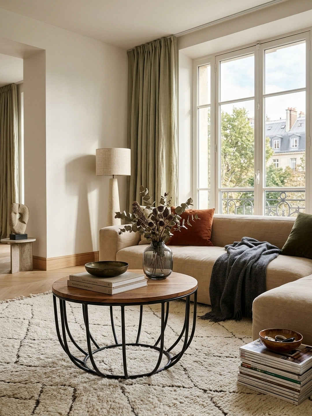 Runder Couchtisch aus Sheesham Massivholz und schwarzem Metall in einem eleganten Wohnzimmer. Der offene Korbtisch setzt warme Akzente im stilvollen Organic-Modern Interior Design._