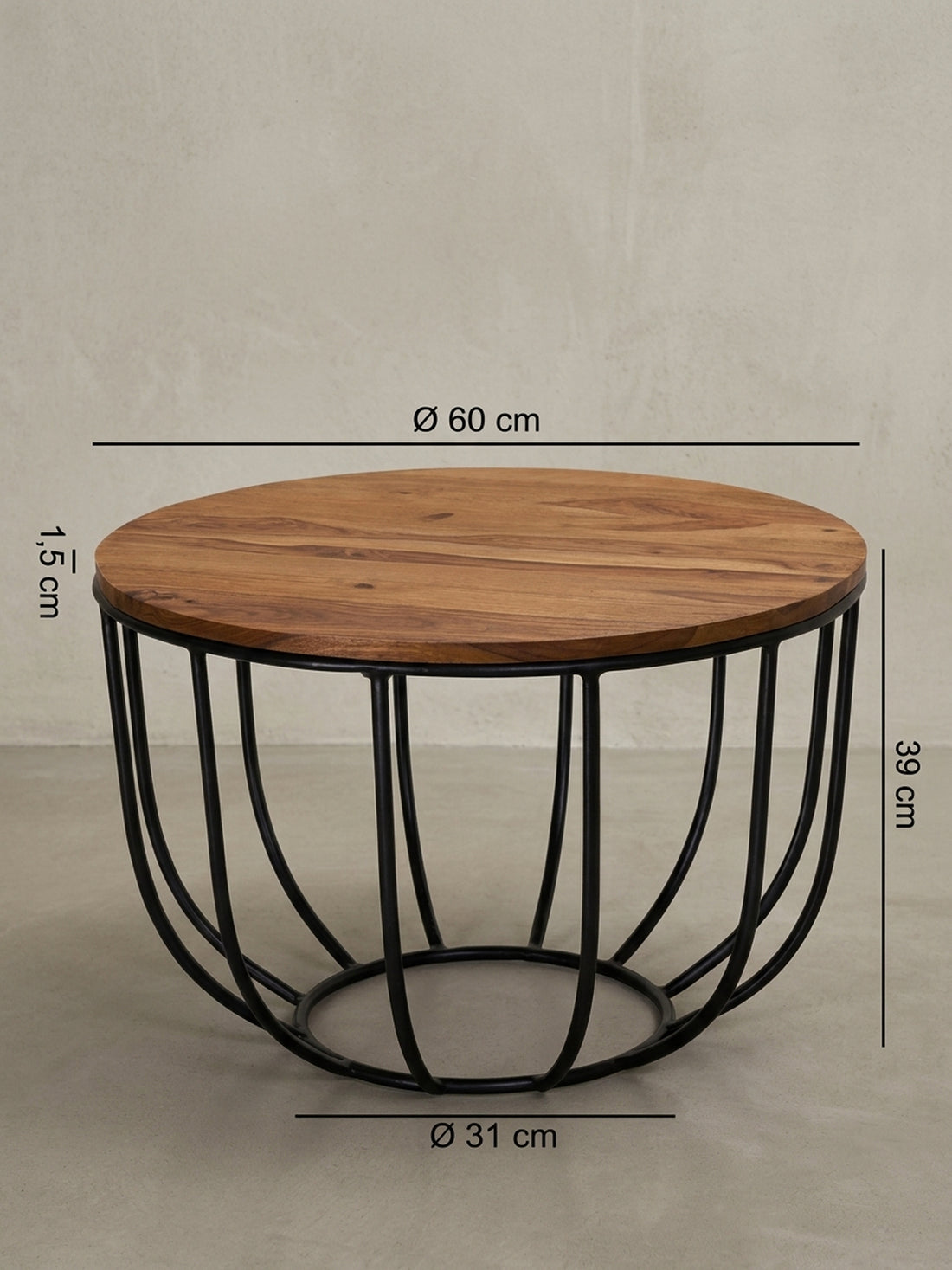 Couchtisch Massivholz Industrial | Rundes Korbdesign