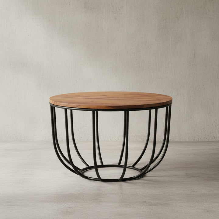 Industrial Couchtisch aus Sheesham Massivholz_ Rustikaler Stil_ Metallgestell_ Korbdesign - KADIMA DESIGN_Größe_ 60x60x39 cm_