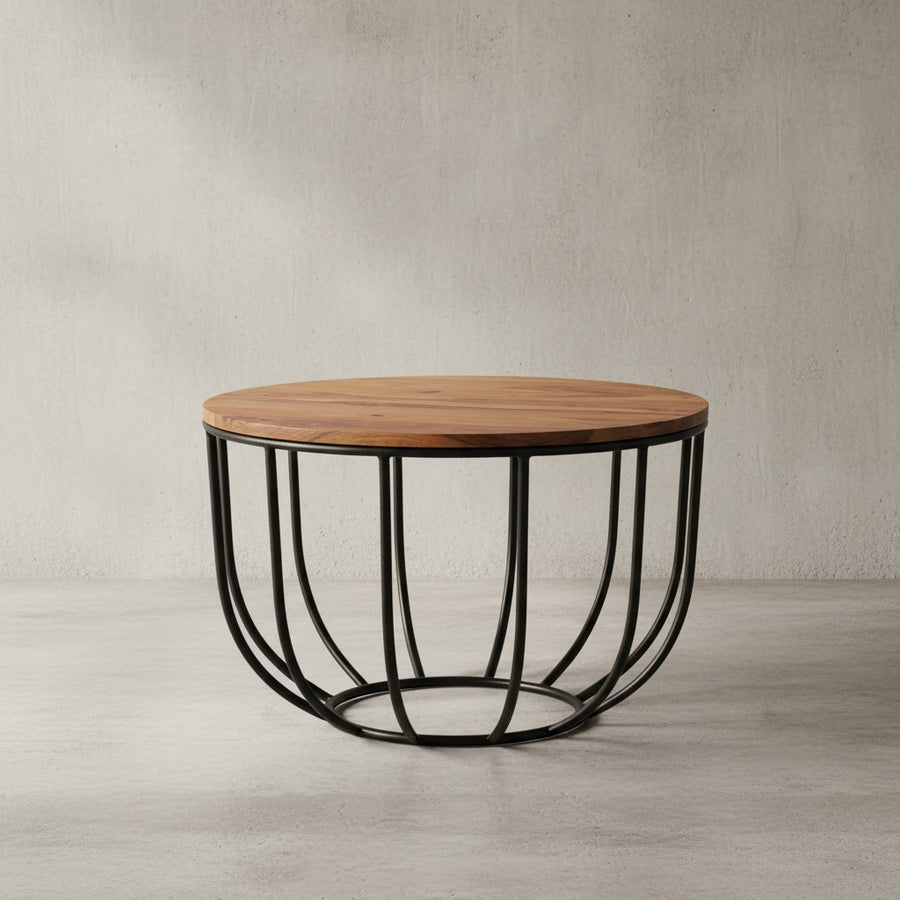 Industrial Couchtisch aus Sheesham Massivholz_ Rustikaler Stil_ Metallgestell_ Korbdesign - KADIMA DESIGN_Größe_ 60x60x39 cm_