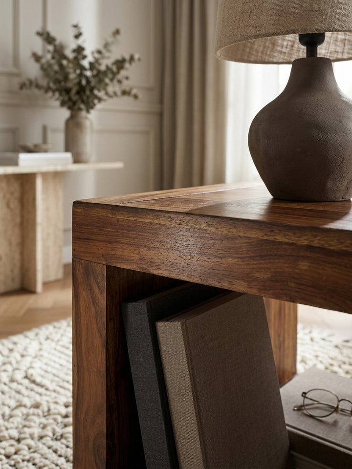 Sheesham Couchtisch Wood Massiv_ Modern_ Landhaus-Stil_ MDF_ Kunstleder_ drehbar_ 60x45x35 cm - KADIMA DESIGN_Größe_ 50x50x45 cm_