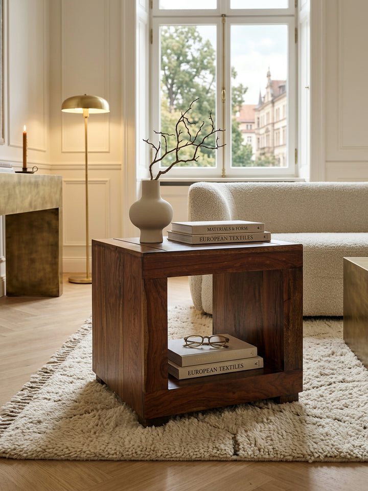 Sheesham Couchtisch Wood Massiv_ Modern_ Landhaus-Stil_ MDF_ Kunstleder_ drehbar_ 60x45x35 cm - KADIMA DESIGN_Größe_ 50x50x45 cm_