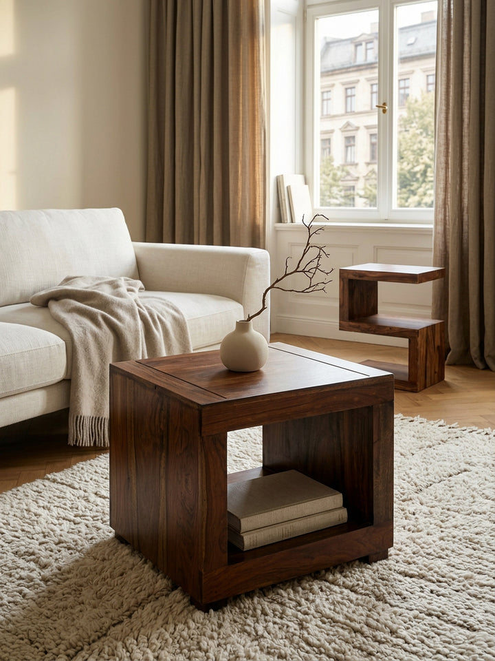 Sheesham Couchtisch Wood Massiv_ Modern_ Landhaus-Stil_ MDF_ Kunstleder_ drehbar_ 60x45x35 cm - KADIMA DESIGN_Größe_ 50x50x45 cm_