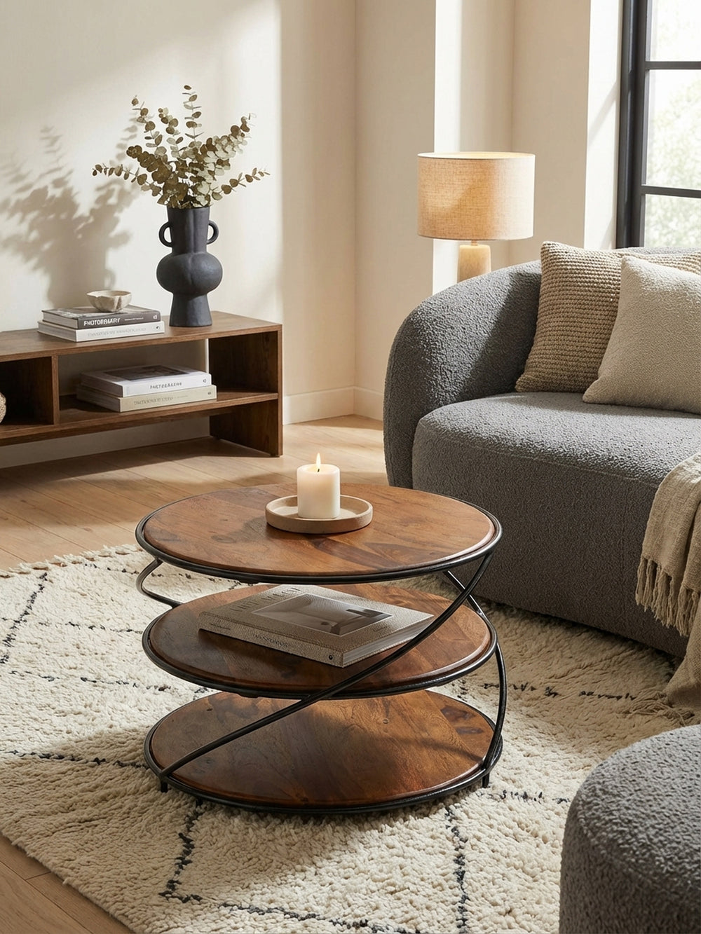 Couchtisch aus Sheesham-Holz in einem modernen Wohnzimmer, stilvoll dekoriert auf einem beigen Teppich vor einer grauen Couch._