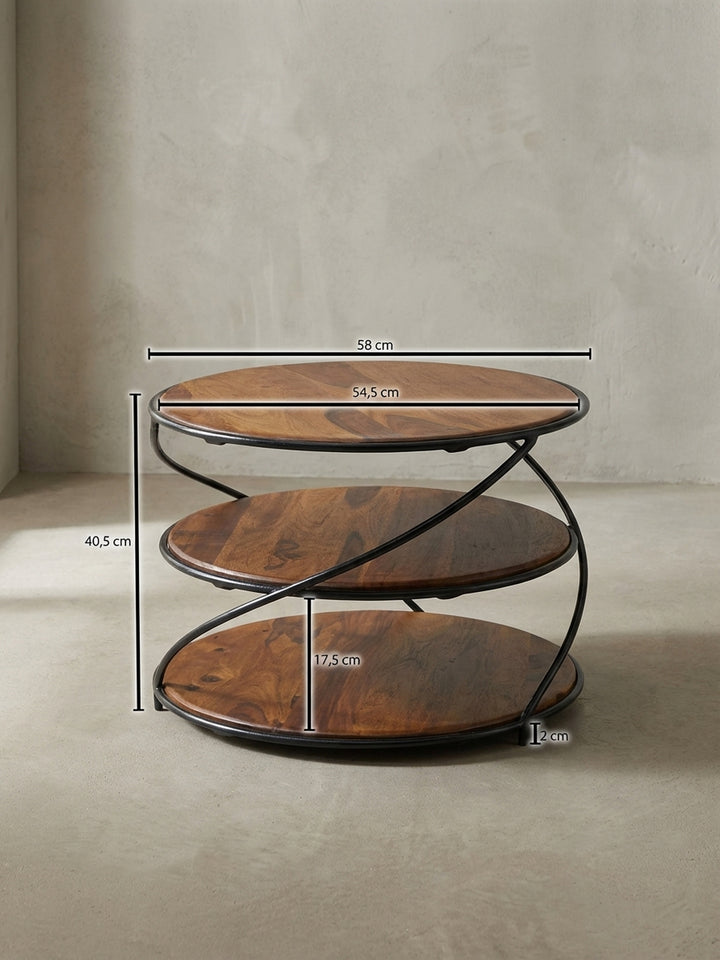 Technisches Bild des Couchtisches mit exakten Maßen: Höhe 40,5 cm, Breite 58 cm, Durchmesser der Platten 54,5 cm._