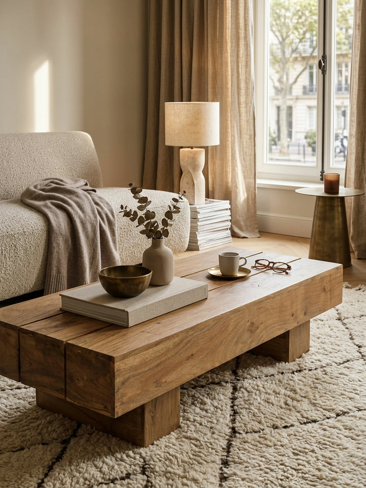 Massivholz Couchtisch SAAR_ 120x45 cm_ Akazien-/Sheeshamholz_ handgefertigt_ pflegeleicht - KADIMA DESIGN_Farbe_ Beige_ Größe_ 120x45x30 cm_