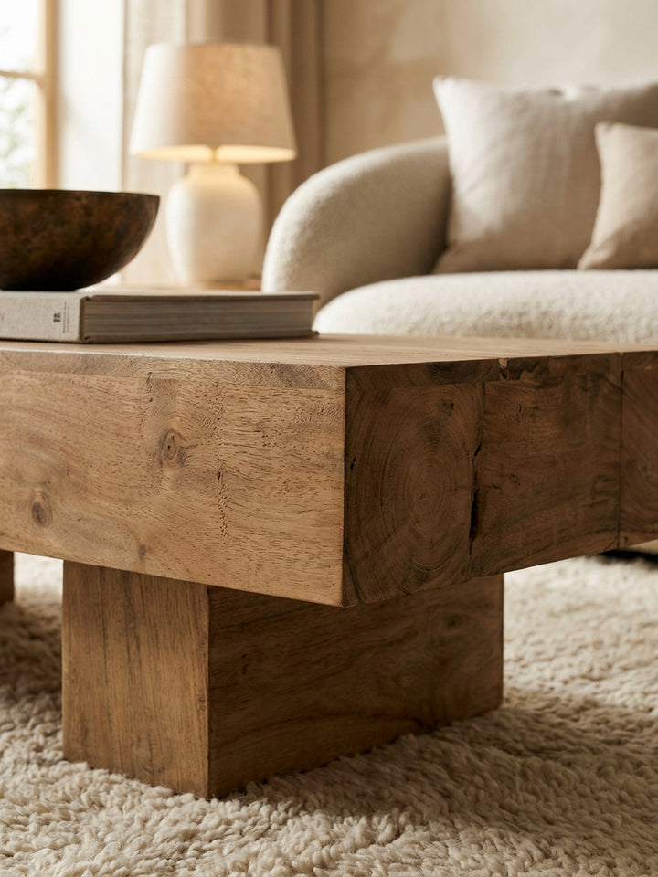 Massivholz Couchtisch SAAR_ 120x45 cm_ Akazien-/Sheeshamholz_ handgefertigt_ pflegeleicht - KADIMA DESIGN_Farbe_ Beige_ Größe_ 120x45x30 cm_