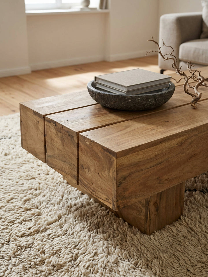 Massivholz Couchtisch SAAR_ 120x45 cm_ Akazien-/Sheeshamholz_ handgefertigt_ pflegeleicht - KADIMA DESIGN_Farbe_ Beige_ Größe_ 120x45x30 cm_
