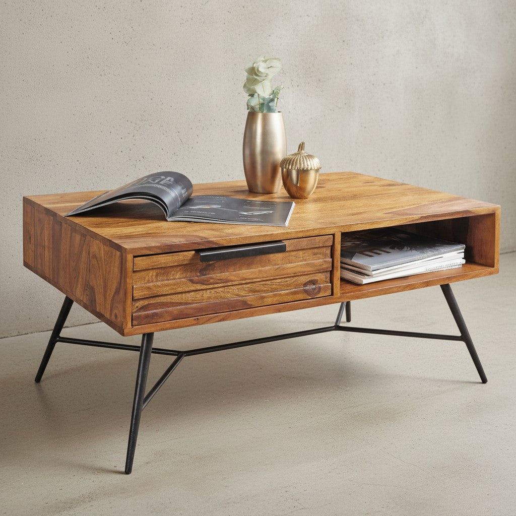Couchtisch FORMIO im Industrial-Look_ einzigartige Holzmaserung_ Sheesham_ 87x41x55 cm - KADIMA DESIGN_Größe_ 87x55x41 cm_