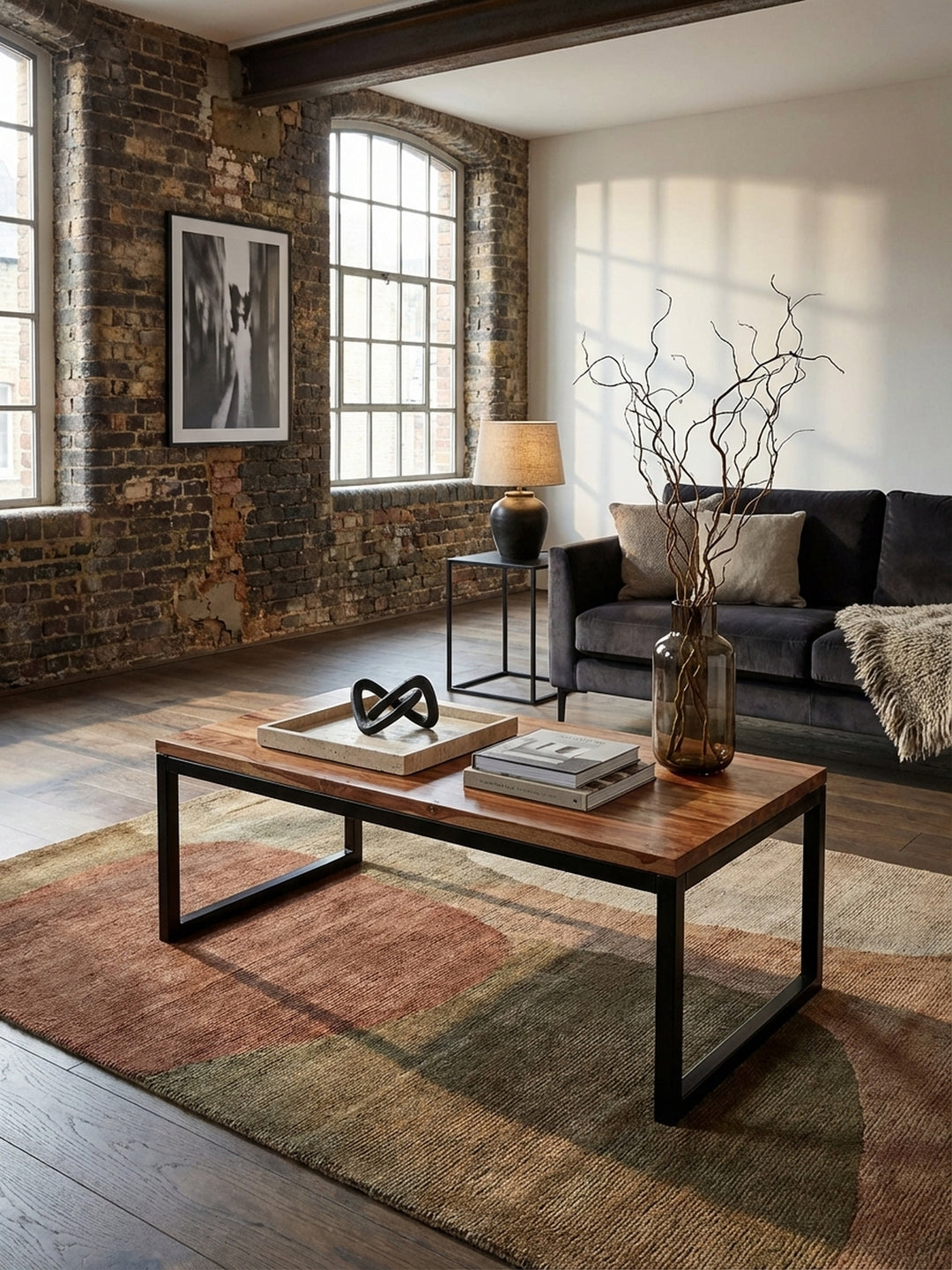 Draufsicht auf den massiven Wohnzimmertisch 110x60 cm, der zentral vor einer großen Sofalandschaft im Industrial Style arrangiert ist._