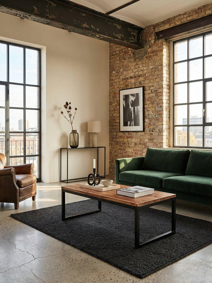 Moderner Industrial Couchtisch aus Sheesham Massivholz in einem stilvollen Wohnzimmer mit grauer Couch und einem gemusterten Teppich._