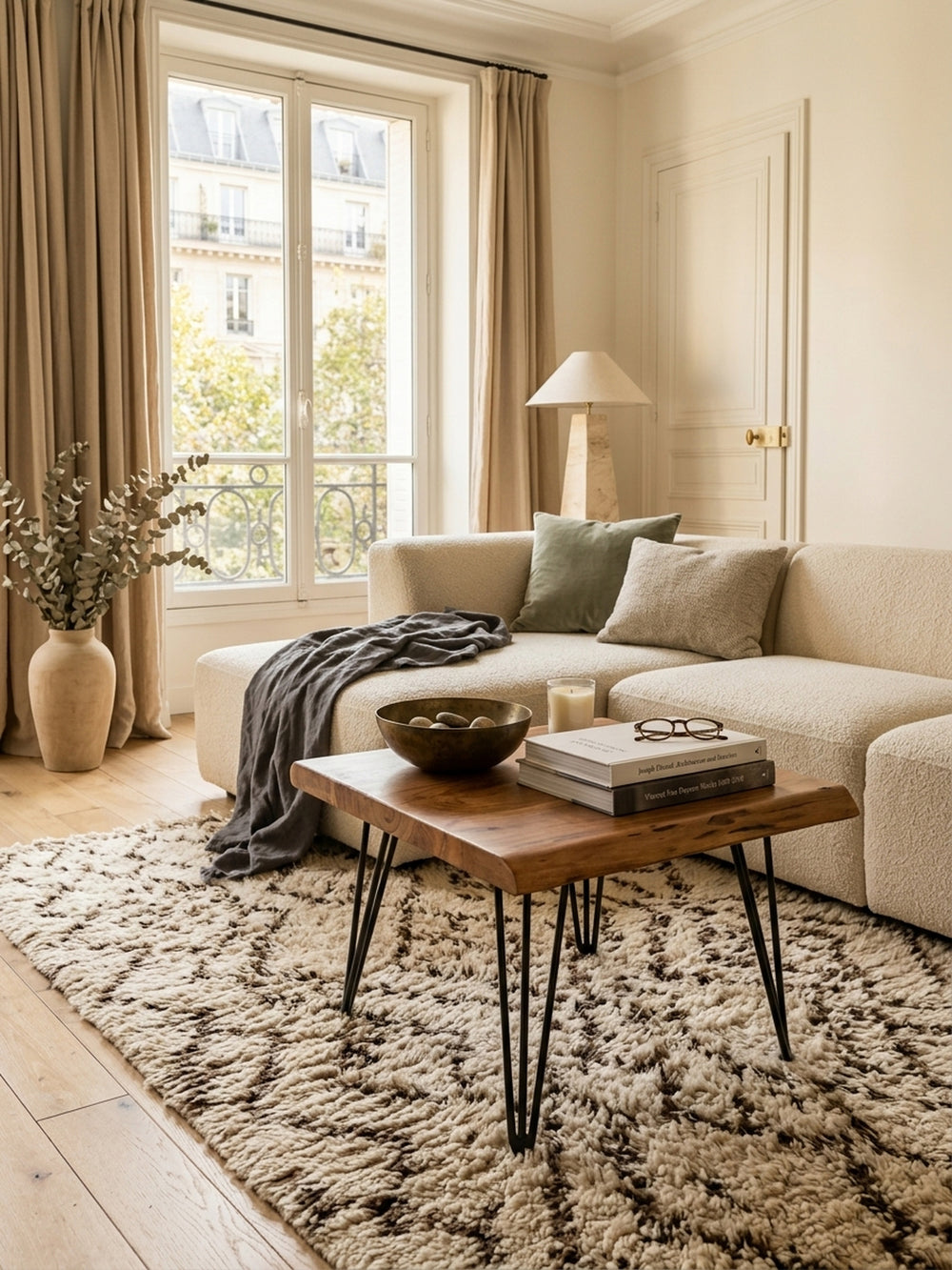 Draufsicht auf den kleinen Wohnzimmertisch 56x51 cm. Die markante Holzmaserung der massiven Sheesham-Tischplatte kommt auf dem strukturierten Wollteppich perfekt zur Geltung._