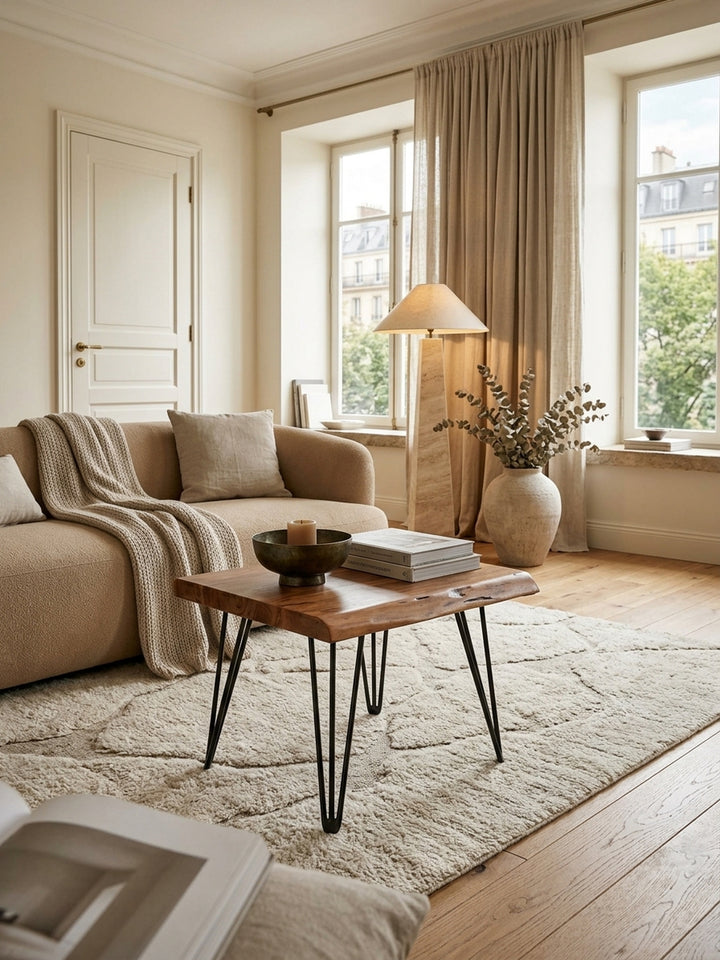 Eleganter Couchtisch aus Sheesham Massivholz mit organischer Baumkante im luxuriösen Wohnzimmer. Warme Holztöne und schwarze Hairpin-Legs harmonieren mit hellem Teppich._