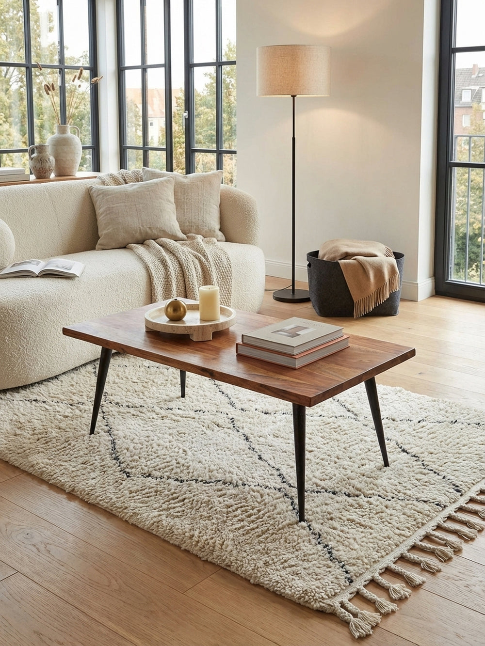 Couchtisch 110x60 cm von oben betrachtet, zeigt die einzigartige Maserung des Sheeshamholzes und die Anordnung im modernen Wohnambiente._