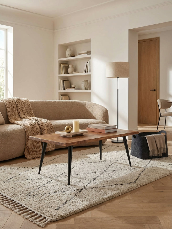 Moderner Couchtisch aus Sheesham Massivholz mit Baumkante im Wohnzimmer, stilvoll dekoriert auf einem beigen Teppich vor einer grauen Couch._