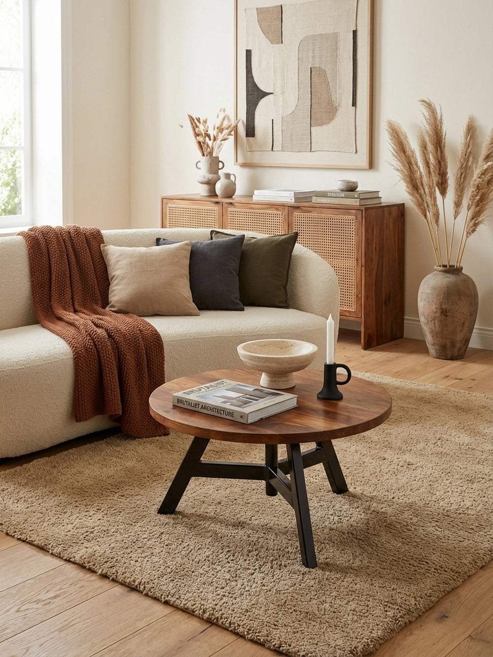 Eleganter runder Couchtisch aus massivem Sheesham Holz mit schwarzem Metallgestell, stilvoll im modernen Wohnzimmer vor einer grauen Couch auf einem beigen Teppich platziert._