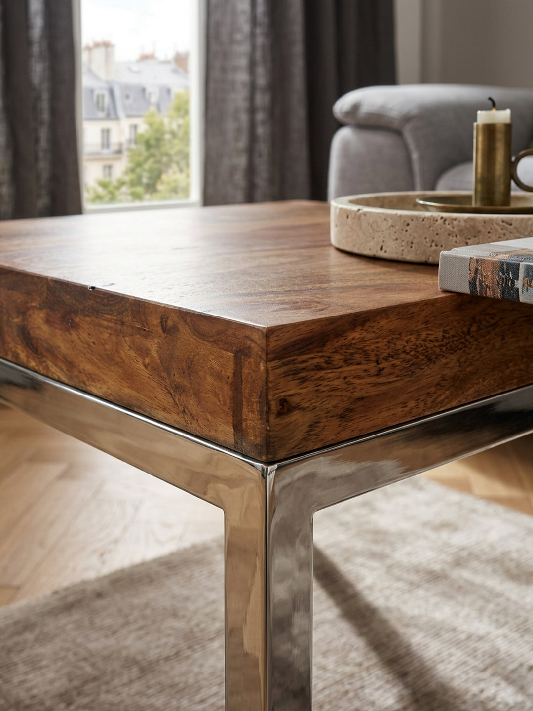 Quadratischer Couchtisch_ Massivholz_ Metallgestell_ 60x40x60 cm_ Sheesham-Massivholz_ pflegeleicht - KADIMA DESIGN_Größe_ 60x60x40 cm_