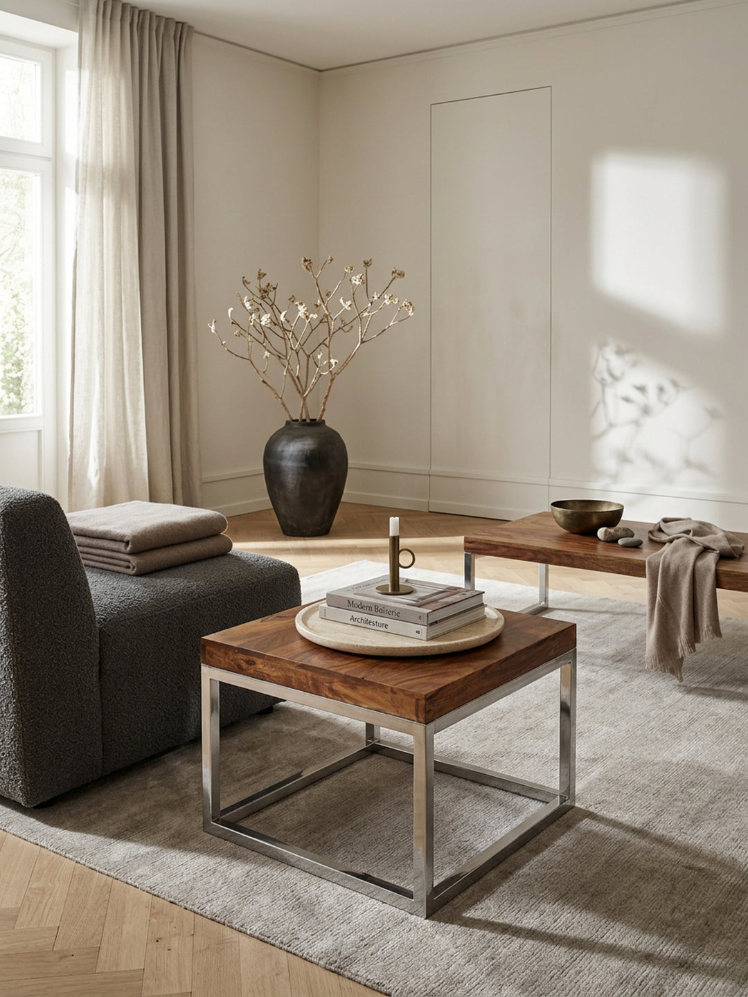 Quadratischer Couchtisch_ Massivholz_ Metallgestell_ 60x40x60 cm_ Sheesham-Massivholz_ pflegeleicht - KADIMA DESIGN_Größe_ 60x60x40 cm_