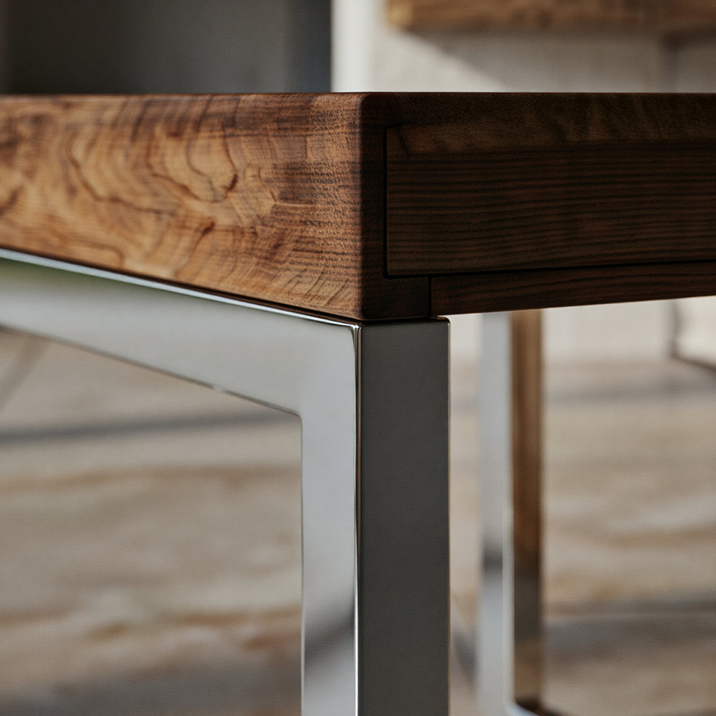 Ecke des Massivholztisches mit präziser Verarbeitung und Metallrahmen in Edelstahloptik – KADIMA DESIGN