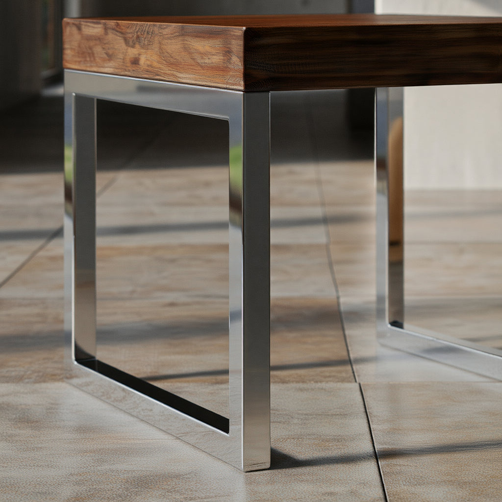 Detailansicht des Couchtischs mit natürlicher Holzmaserung und glänzendem Metallgestell – KADIMA DESIGN