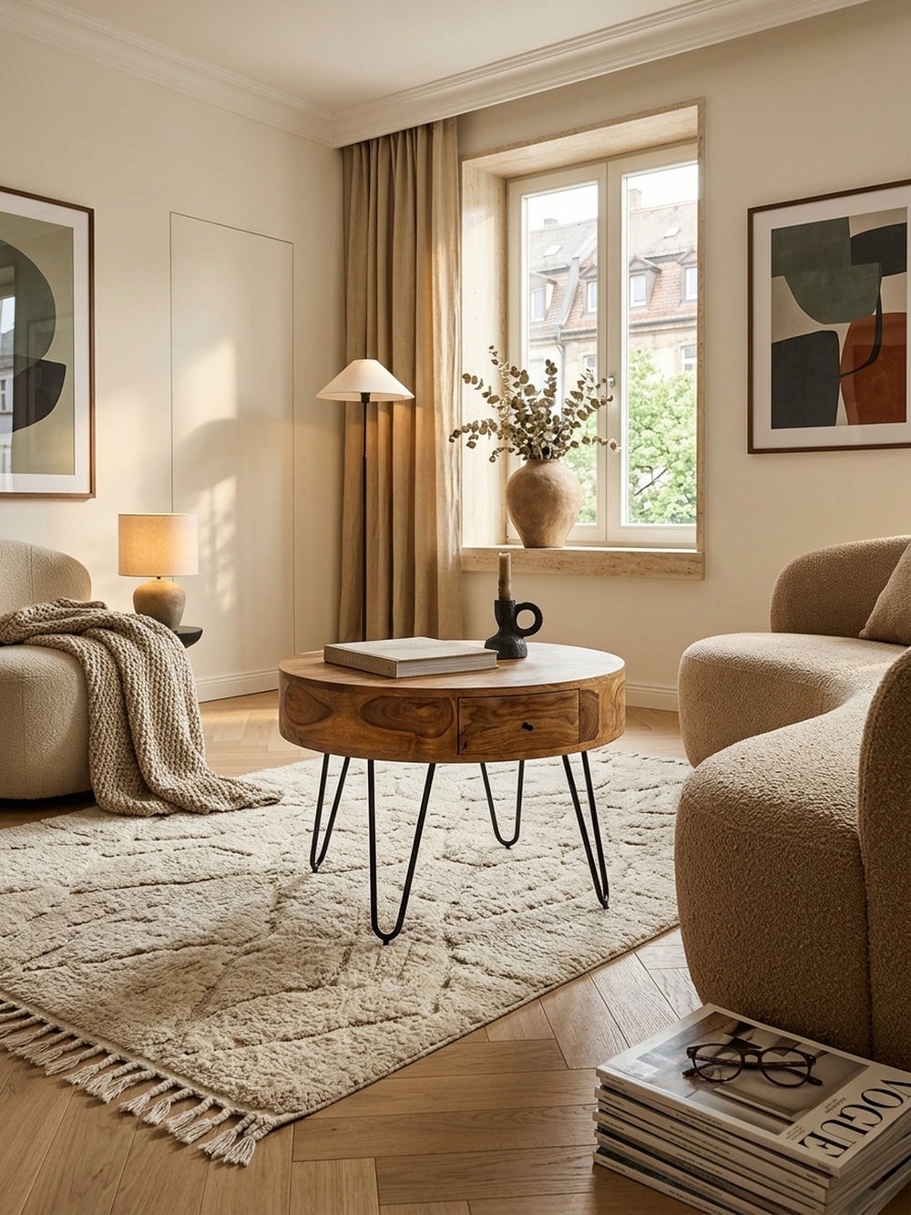 Runder Couchtisch aus Sheesham-Massivholz mit Schublade in einem modernen Wohnzimmer. Der Sofatisch mit schwarzen Metallbeinen sorgt für ein gemütliches Ambiente._