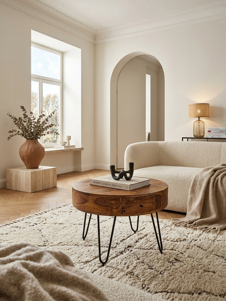 Kadima Design Wohnzimmertisch rund aus Echtholz mit genauen Maßen. Der Sofatisch mit 60 cm Durchmesser und 44,5 cm Höhe passt perfekt in jedes Wohnzimmer._