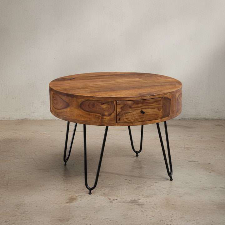Couchtisch aus Sheesham-Massivholz mit Schubladen und schwarzen Metallbeinen_ Handgefertigt - KADIMA DESIGN_Größe_ 60x60x44 cm_