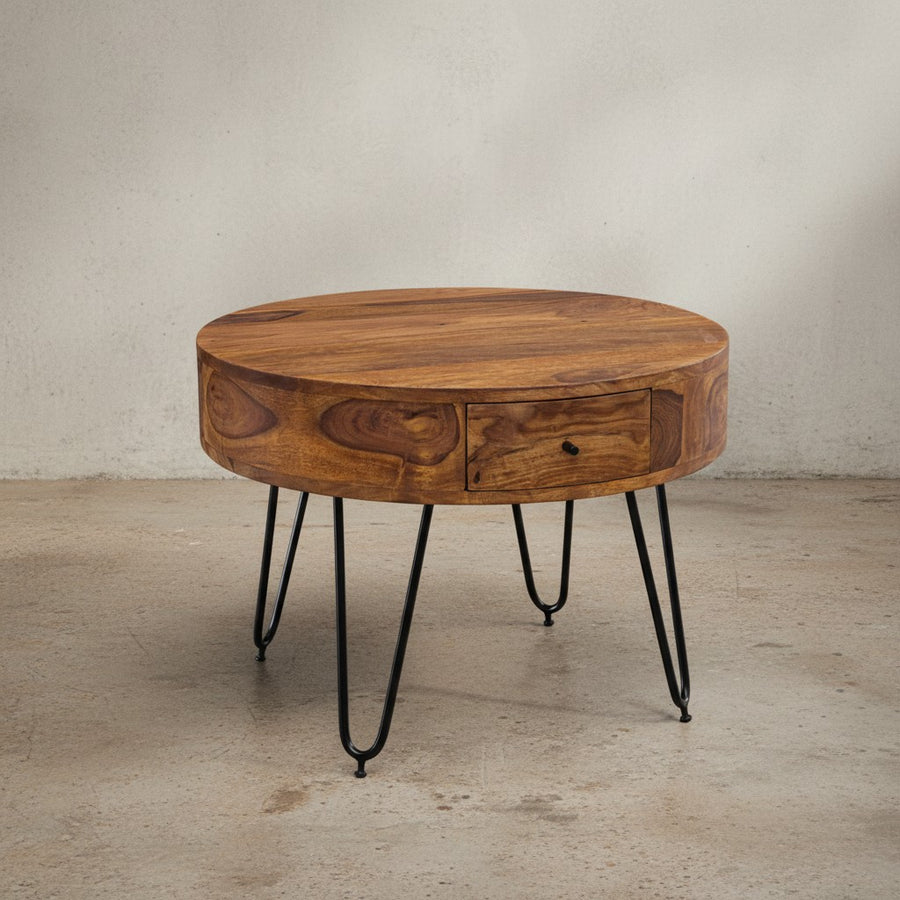 Couchtisch aus Sheesham-Massivholz mit Schubladen und schwarzen Metallbeinen_ Handgefertigt - KADIMA DESIGN_Größe_ 60x60x44 cm_