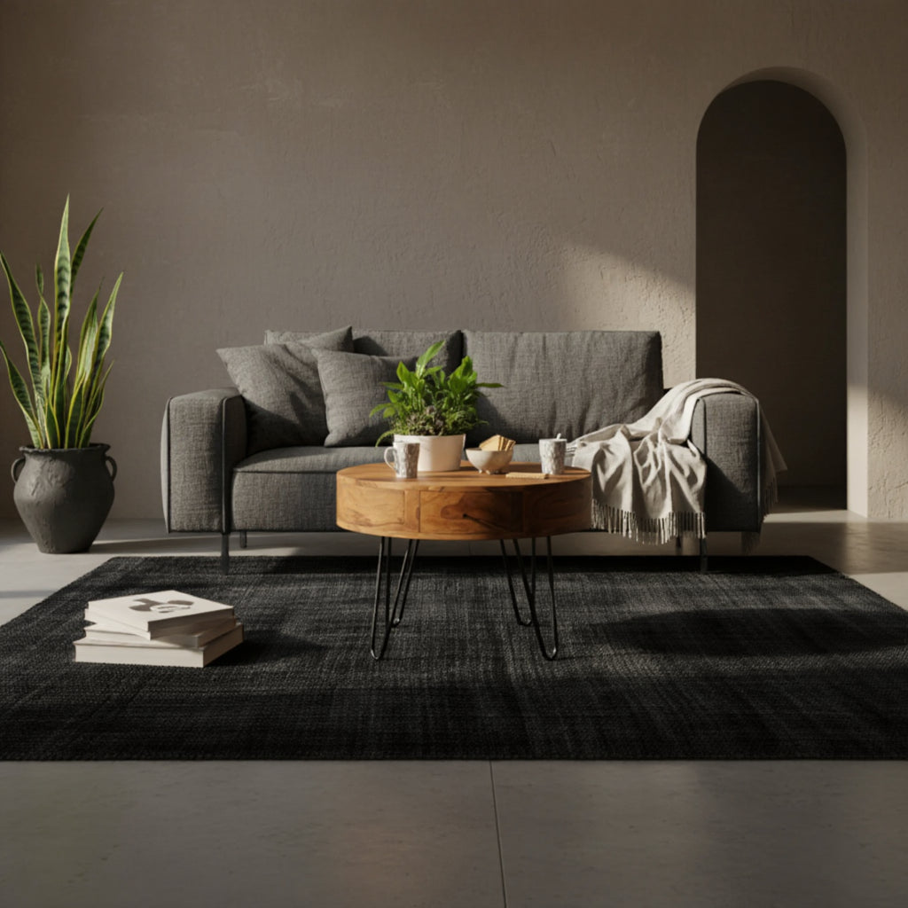Moderner Couchtisch aus Sheesham-Massivholz mit schwarzen Metallbeinen im Wohnzimmer 