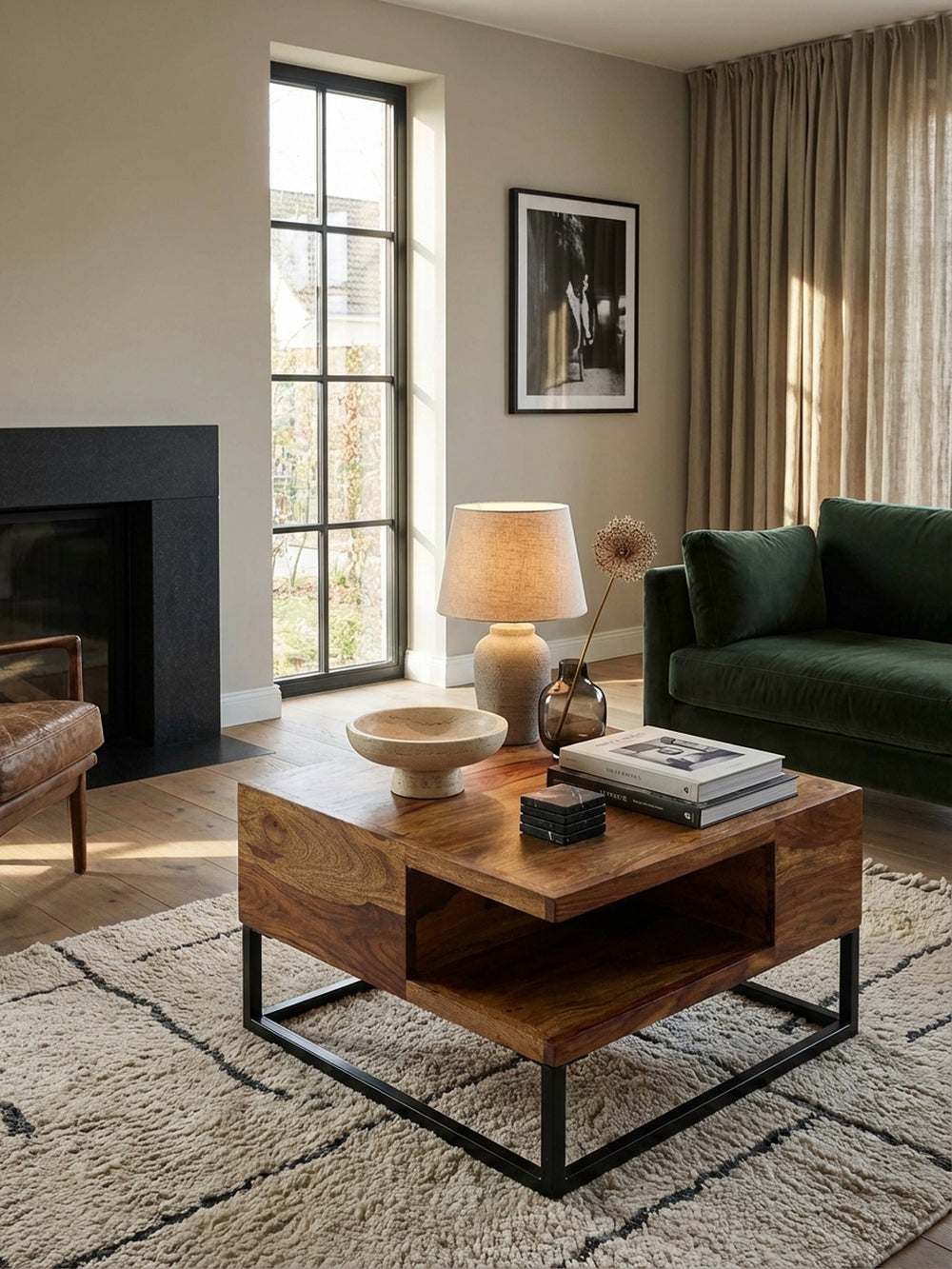 Der 60x60 cm Sofatisch aus Holz und Metall von oben gesehen, zeigt die praktische Ablagefläche und das Staufach im minimalistischen Wohnbereich._