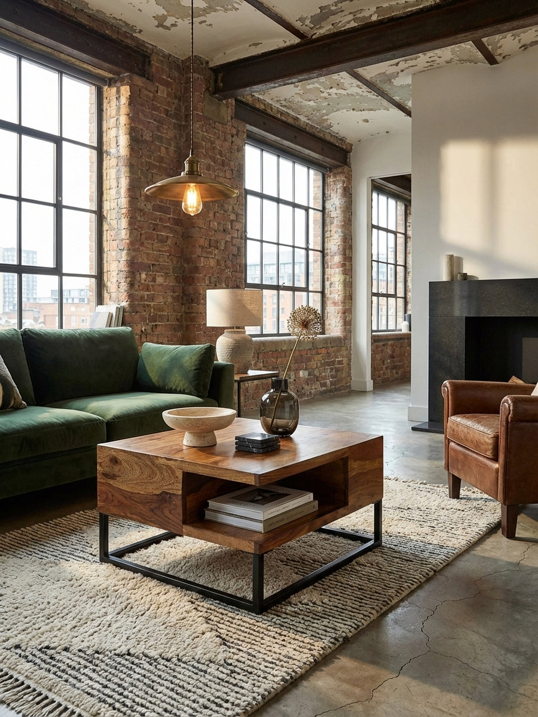 Ein quadratischer Couchtisch aus Sheesham Massivholz auf einem schwarzen Metallgestell, stilvoll in einem modernen Wohnzimmer mit Sofa und Teppich arrangiert._