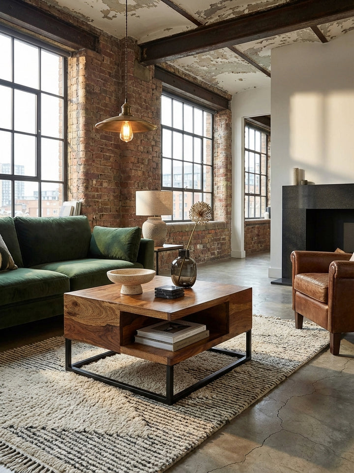 Ein quadratischer Couchtisch aus Sheesham Massivholz auf einem schwarzen Metallgestell, stilvoll in einem modernen Wohnzimmer mit Sofa und Teppich arrangiert._