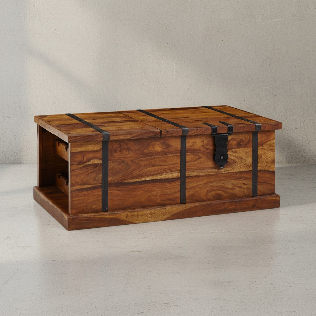 Handgefertigter Sheesham Massivholz Couchtisch mit Weinregal  100x60x40 cm - KADIMA DESIGN Größe  100x60x40 cm