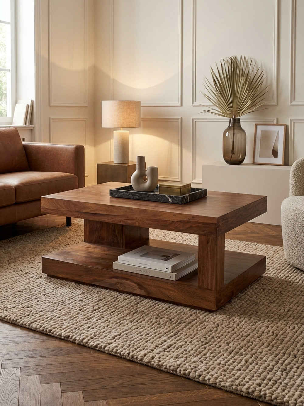 Moderner Couchtisch aus massivem Sheesham-Holz im Zentrum eines hellen Wohnzimmers, elegant dekoriert mit Kerzen und Vase auf einem weichen Teppich vor einem Sofa._